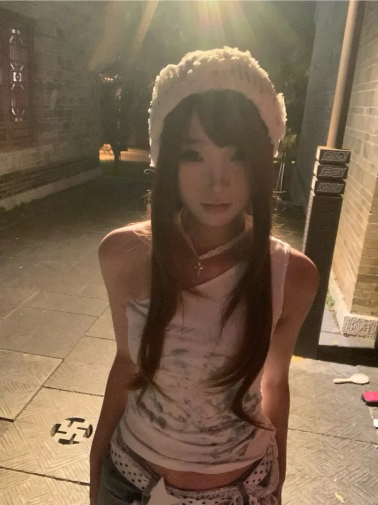 Vintage bedruckte schulterfreie weiße Westen für Damen, 2025, neue Slim-Fit-Kordelzug-Design, bauchfreie Tops, lässige Y2k-Ästhetische Tanktops