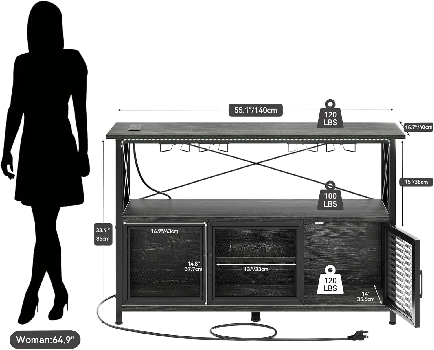 Armário de bar de 55 "com luzes LED, armário de vinho com tomada de energia, suporte de mesa de bar com rack de vinho, armários de armazenamento, Sh ajustável