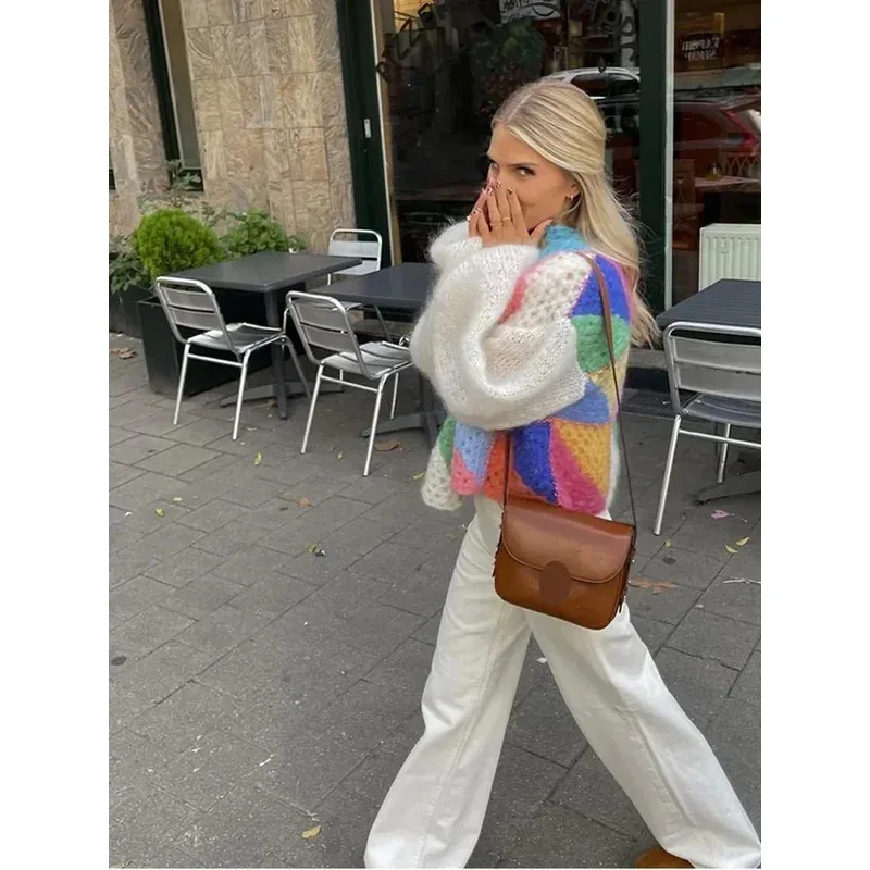 

2025 11, красочный кардиган Kint, женский свитер, осенний свитер с длинными пышными рукавами, лоскутные женские свитера, элегантный повседневный женский свитер