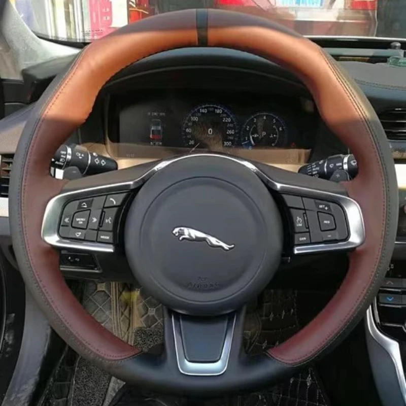 

Hand-stitched black brown Genuine Leather car steering wheel cover 100% Fit For Jaguar XFL XE XJL F-PACE XKR