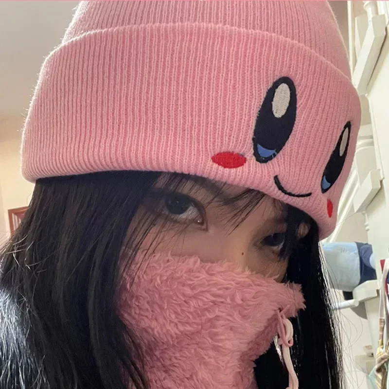 Cute Kirby Beanies Women Winter Warm Hat Anime Cartoon Solid Color Kawaii Embroidery Caps for Girls Knitted Bonnet Female Gift