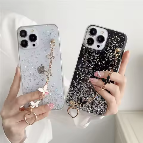 For Samsung S25 Edge S24 S23 S22 S21Ultra Plus S20FE S10 Note 20 Luxury Butterfly Bracelet With Drip Glue Flash Protective Cover