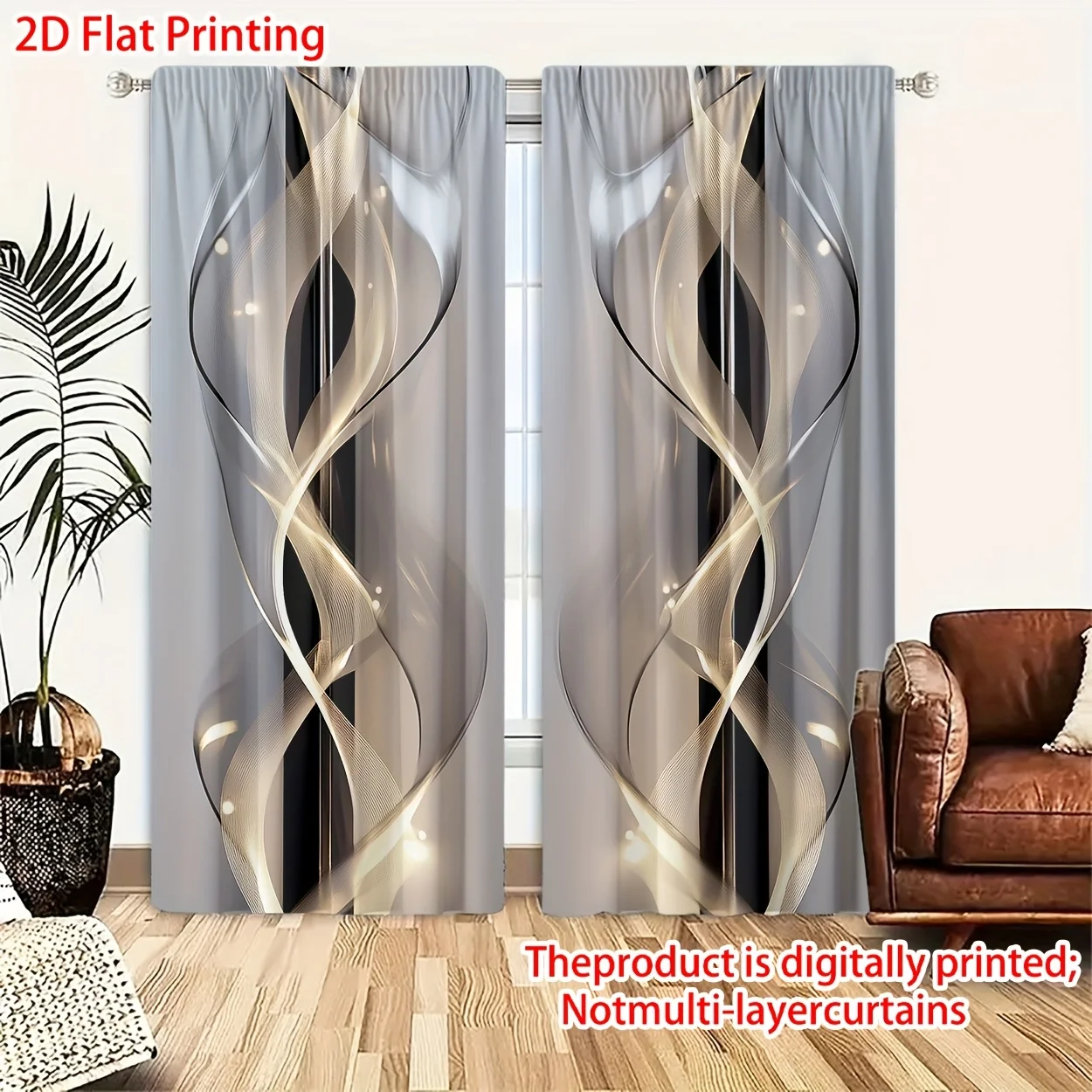 2PCS Digital Print Curtains, 2D Flat Non-Layered, Modern Minimalist