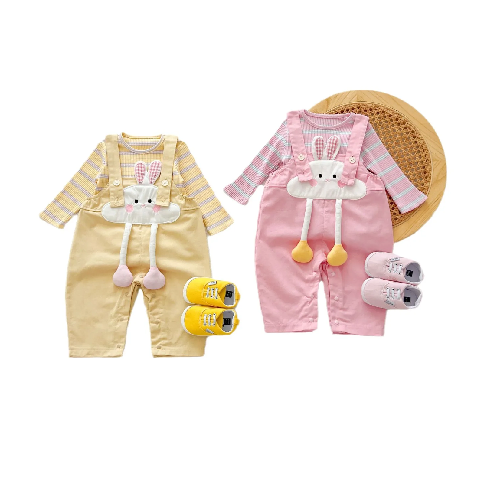 Ins Autumn Baby Girls 2PCS Clothes Set Cotton Striped Contrast Shirts Cartoon Rabbit Suspender Pants Suit Toddler Girl Outfit