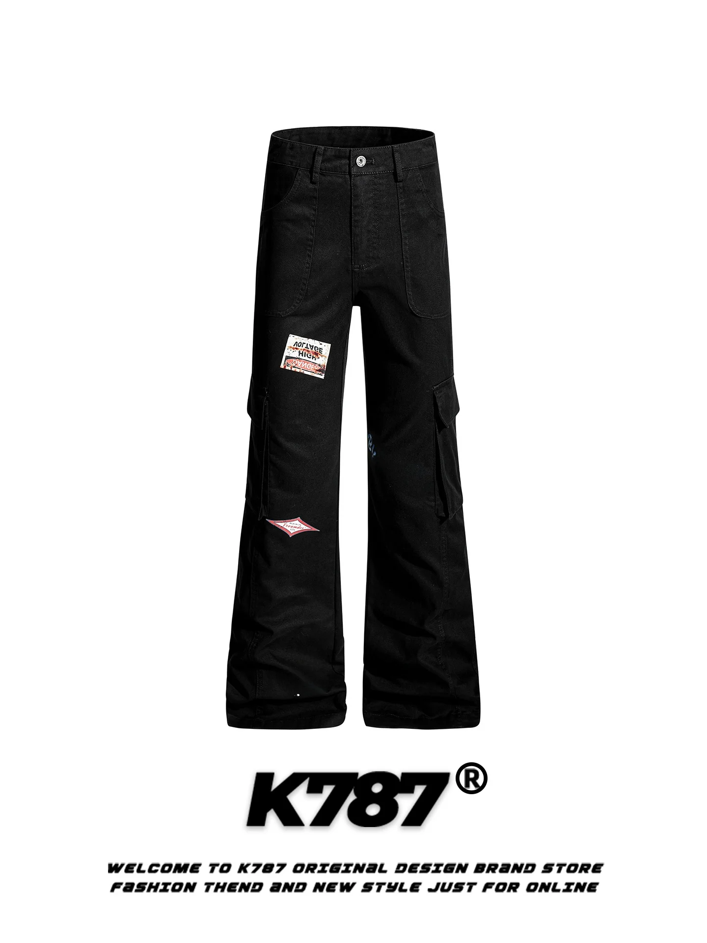 

K787 American Retro Letter Print Work Trousers Men Women Multi ket High Waist Wide Leg Slimming Casual Long Pants