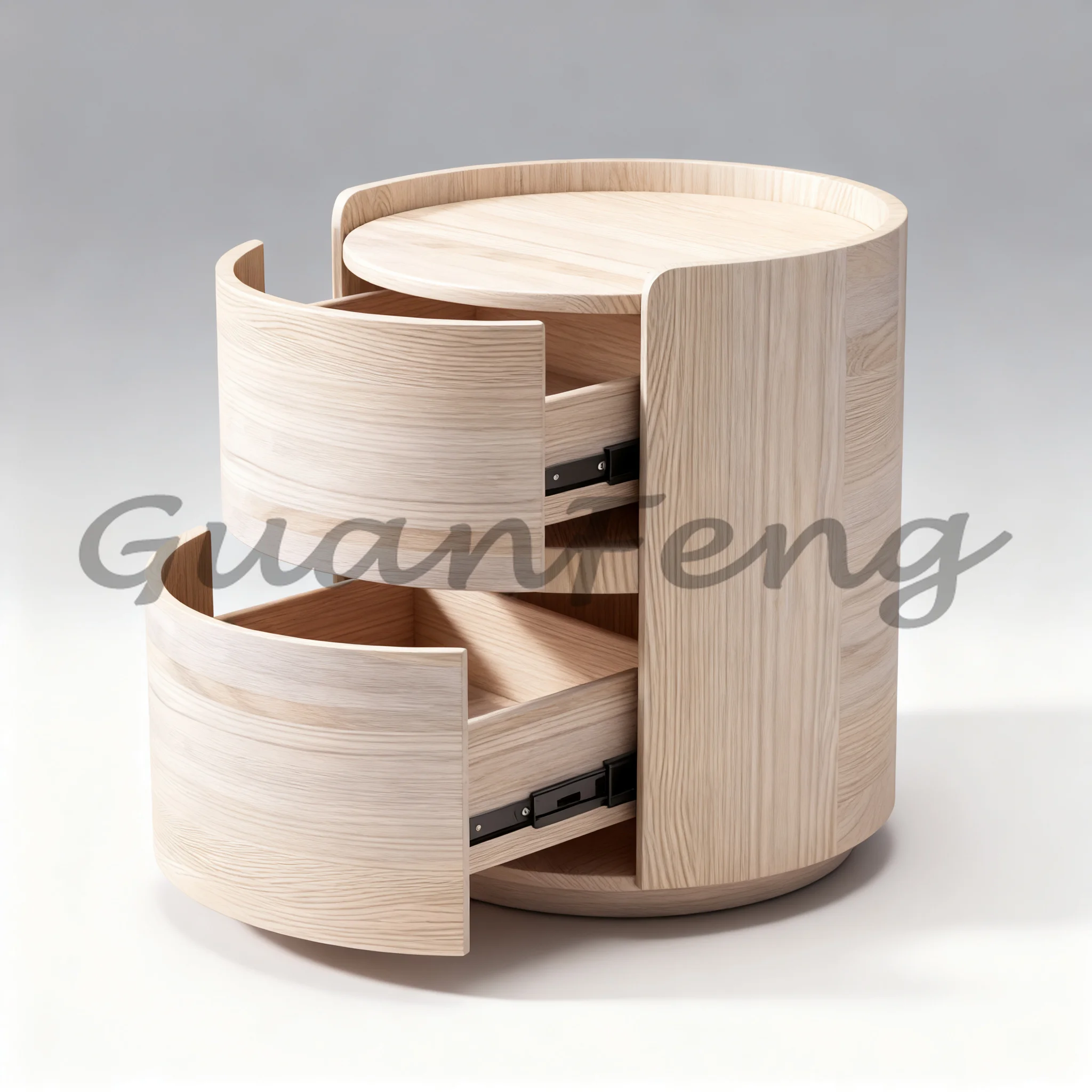 Modern Round Solid Wood Nightstand, Saddle PU Leather Top Bedside Table for Bedroom Furniture
