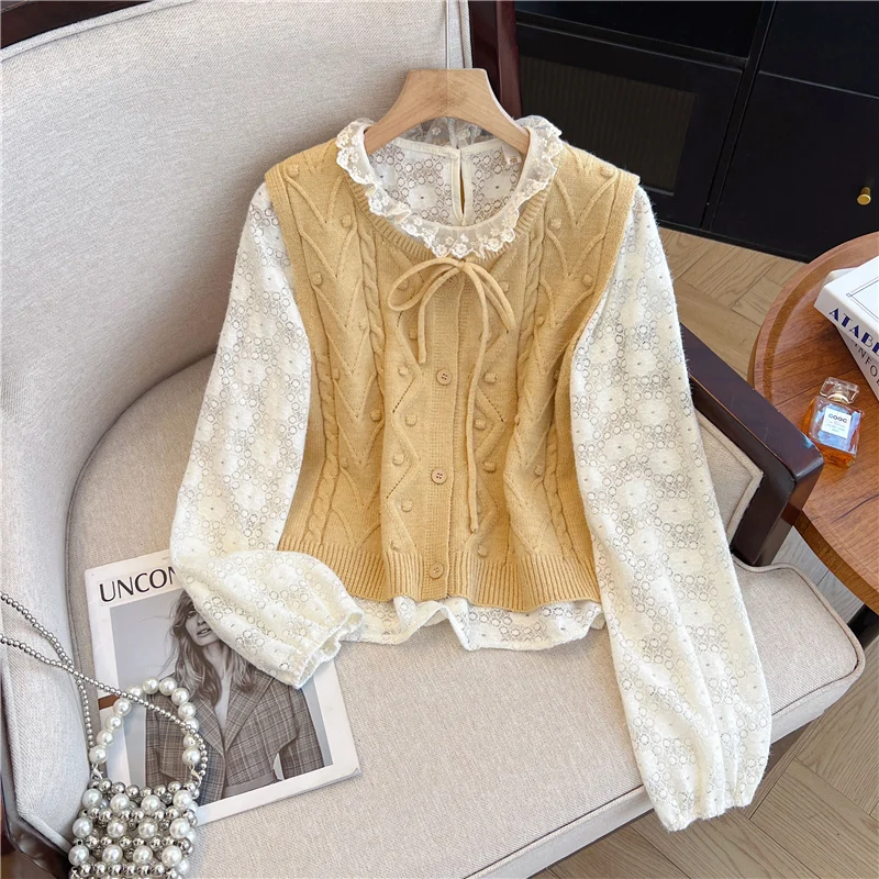

Women's Bow Knit Cardigan Cardigan Sweater Harajuku Vintage 2000s Y2k Lace Shirt 2 Piece Set Soft Cozy Cashmere Sweater Autumn