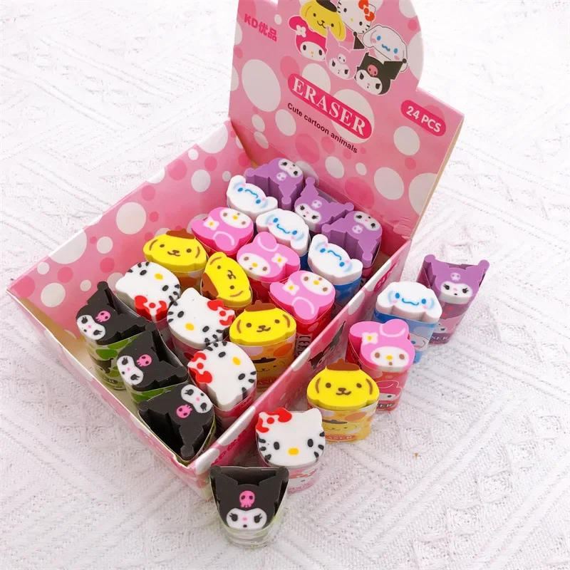 Sanrio Cartoon Eraser 12/24pcs Kawaii Kuromi Melody Hello Kitty Cinnamoroll Strip Eraser Stationery Rubber Primary Students Gift