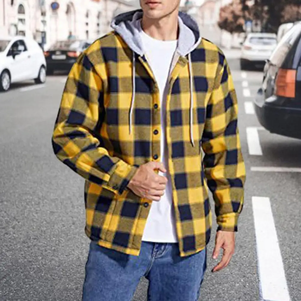 Fleece Lined Hooded Men Plaid Jacket Drawstring Thickened Cardigan Men Coat Long Sleeve Loose Fit Single Breasted Outwear