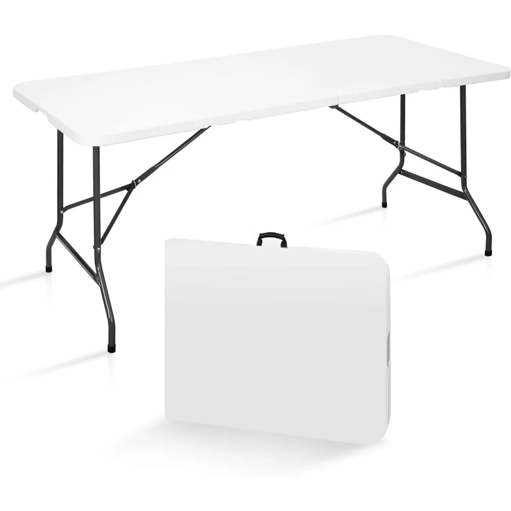 

6FT Folding Table for Indoor Outdoor, Portable Heavy Duty Fold-in-Half Plastic Dining Picnic Party Camping Table with Carrying