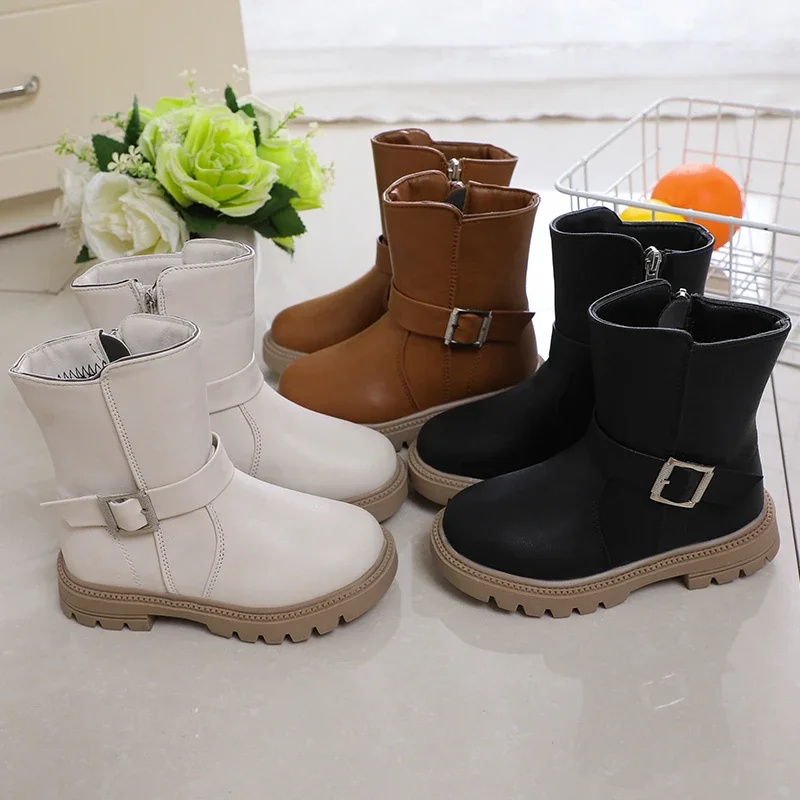 Girls Short Boots Britain Style Black Brown Beige Classic 2024 Children Casual Boots Simple Non-slip Versatile PU Autumn Winter