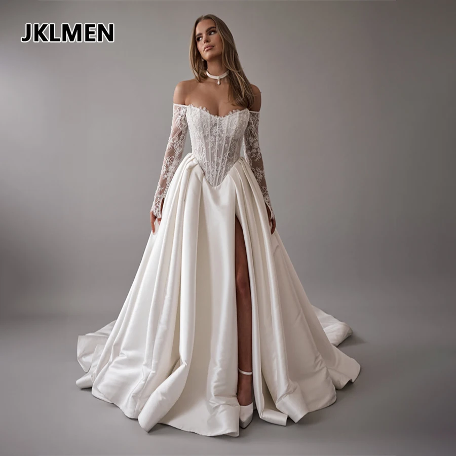 Maßgeschneidertes Brautkleid mit Spitze, herzförmigem Ausschnitt, 3/4-Ärmeln, A-Linie, Satinrock, rückenfreiem Reißverschluss und Brautkleid Robe De Mariée