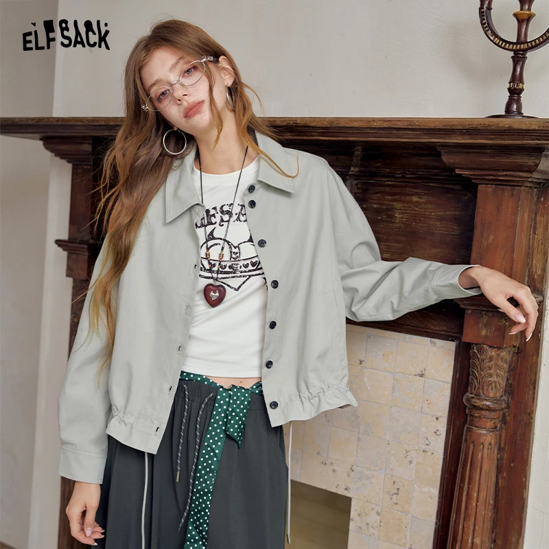 ELFSACK Women's Casual Lapel Jacket with Button Front, Loose Crop Outerwear for Everyday, Lightweight Long Sleeve Coat