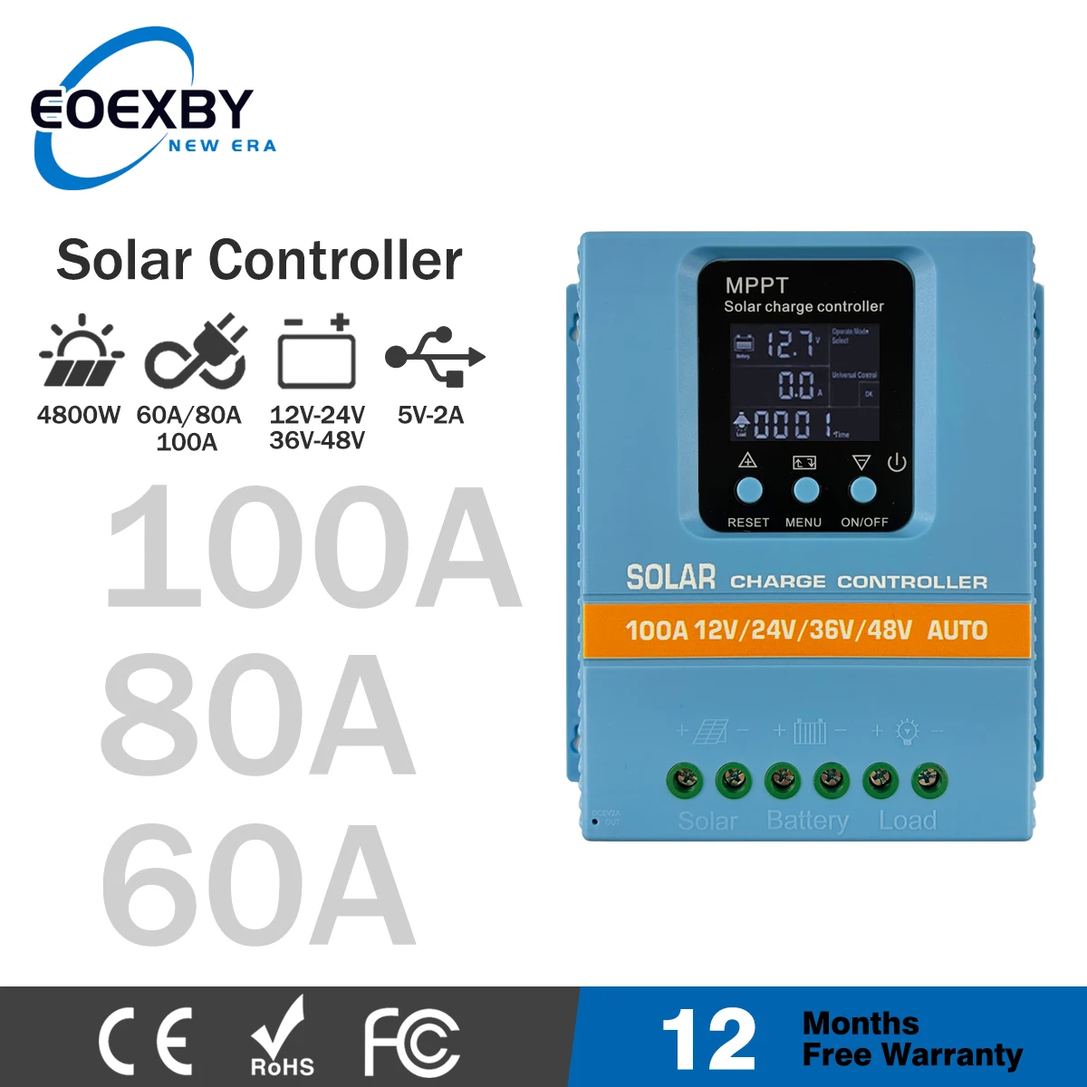 EOEXBY MPPT 100A 80A 60A Solar Charge Controller 12V 24V 36V 48V Solar Panel Lead Acid/Lithium Battery Regulator Dual USB