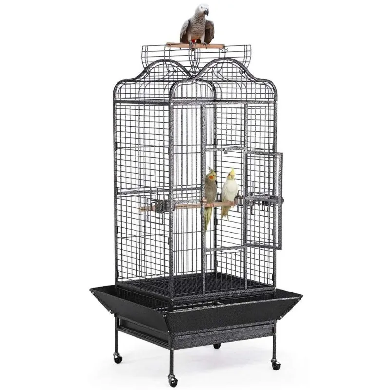 63'' Bird Cage with Stand Wrought Iron Rolling Open Play Top Large Bird Cage for Mini Macaw African Grey  Parrot