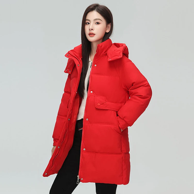 New Fashion Cotton-padded  Feminine Temperament Long Warm Loose Large Size Students Big Red Cotton-padded  Tooling.