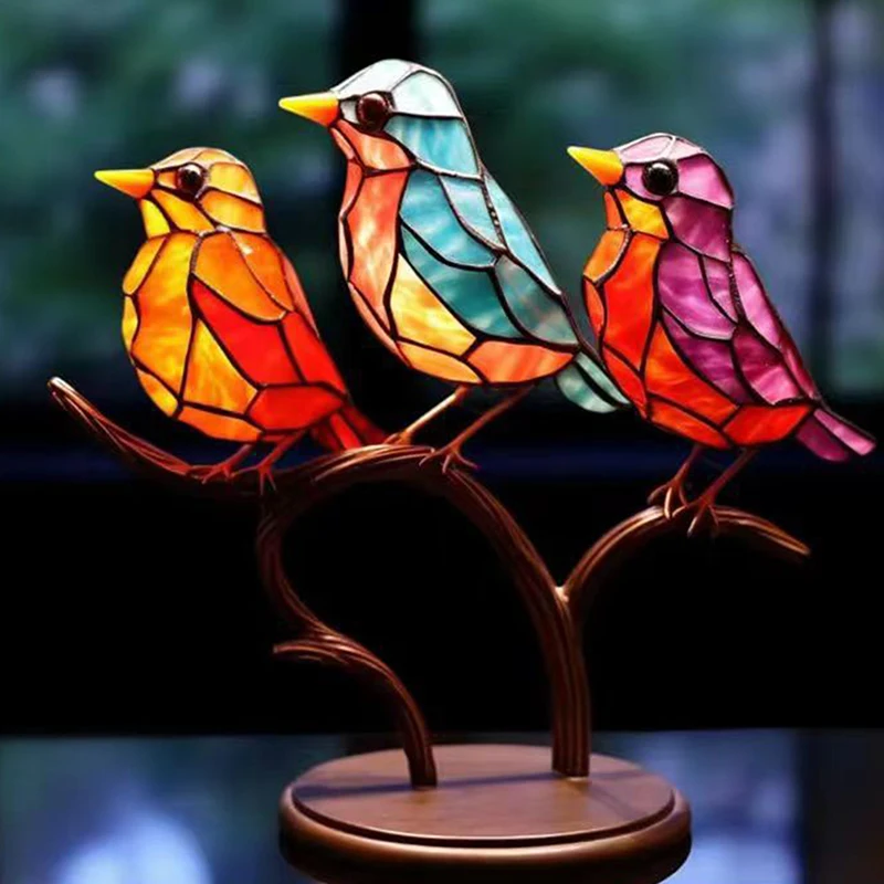 Pájaros acrílicos teñidos en rama, adornos de escritorio, estilo Multicolor de doble cara, estatua artesanal de pájaros, adornos de escritorio