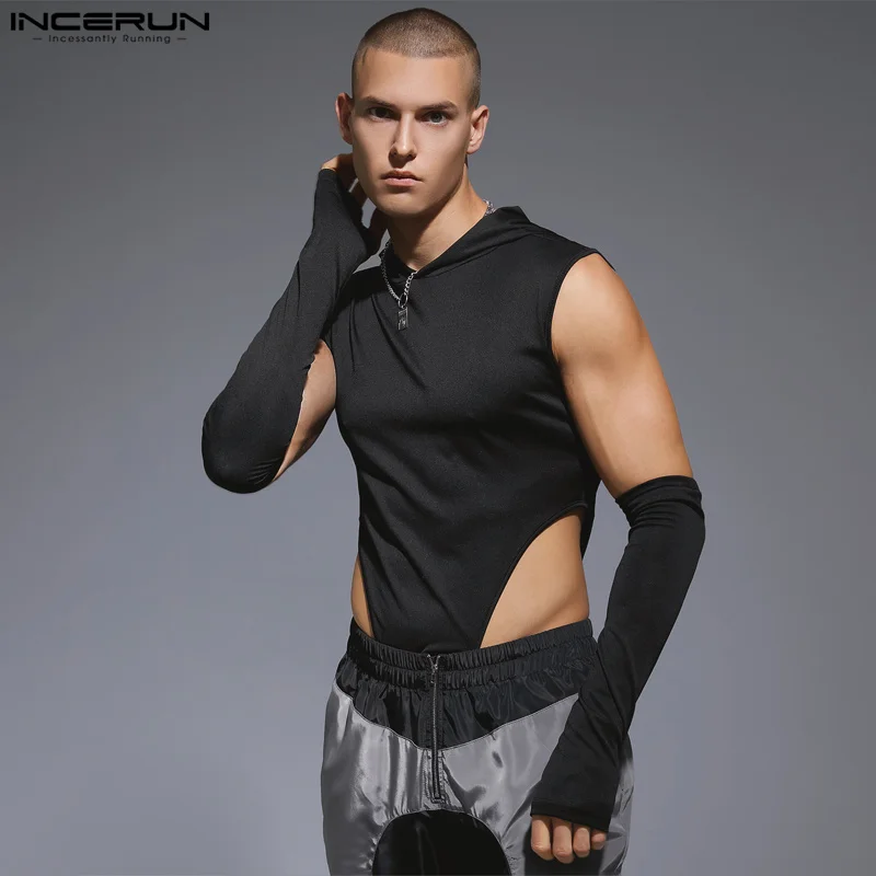 

2023 Men Bodysuits Solid Color Hooded Gloves Male Rompers Streetwear Sleeveless Fitness Fashion Casual Bodysuit S-5XL INCERUN