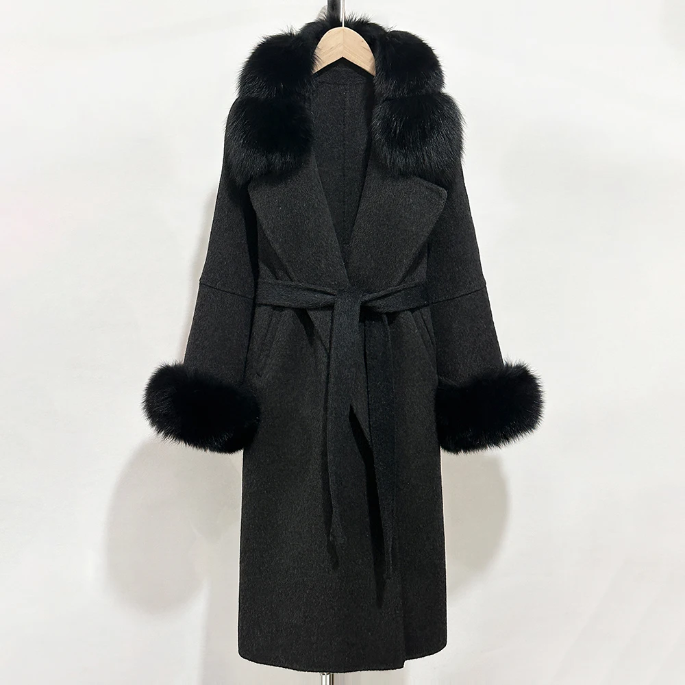 OFTBUY Langer, warmer, eleganter Wintermantel mit Gürtel, neue Damen-Doppelmantel aus Wolle mit echtem Fuchsfellkragen und -manschetten – Detail 11
