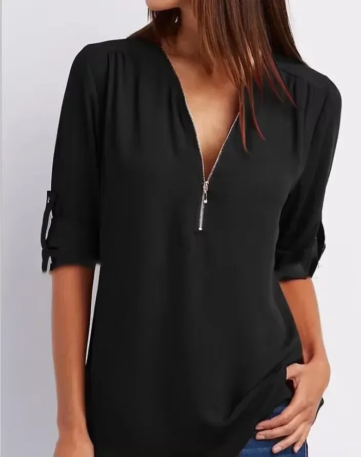 2025 offre spéciale femmes Cool chemise ample col en V profond en mousseline de soie mode Blouse décontracté dames hauts Sexy pull à fermeture éclair grande taille