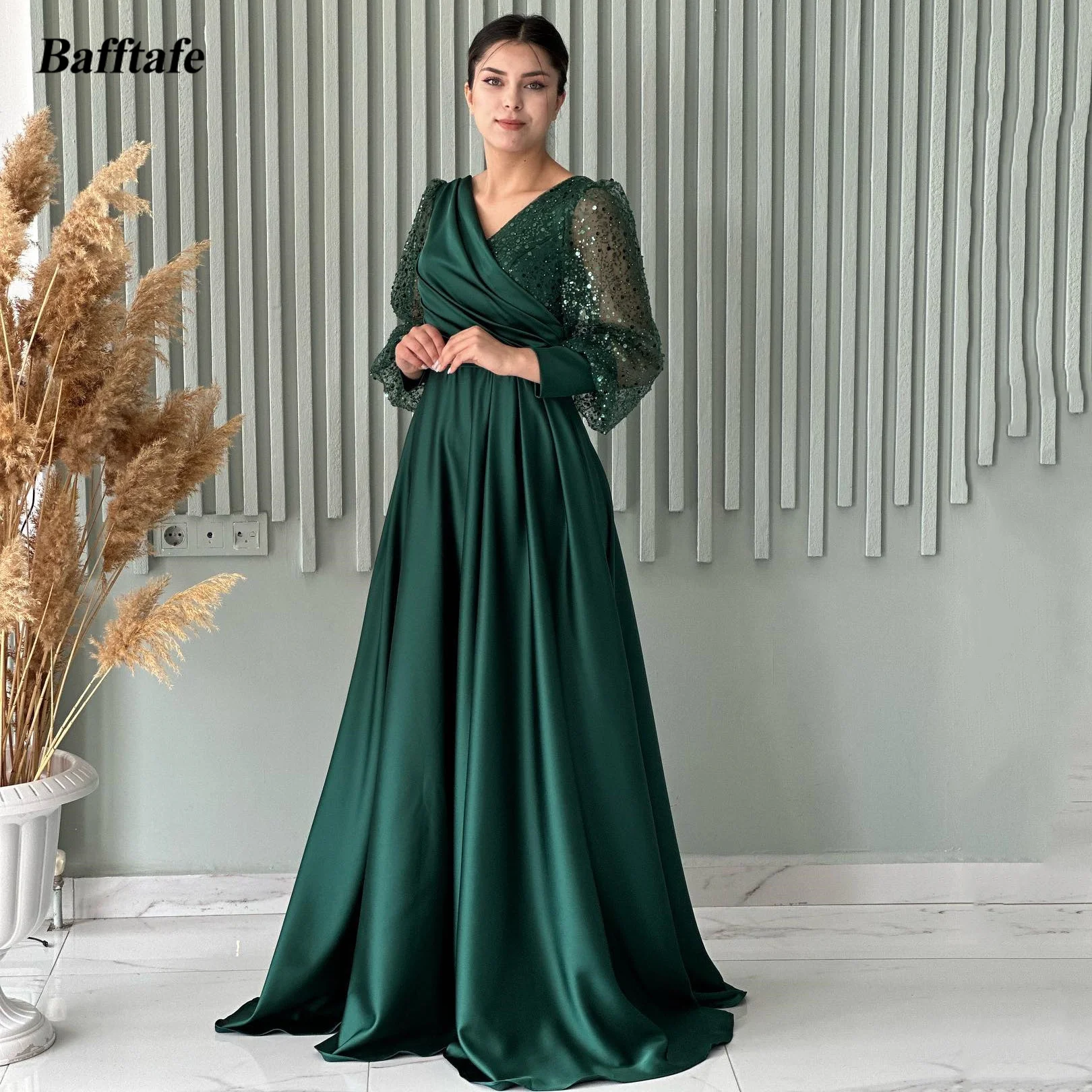 

Bafftafe Green A Line Satin Prom Dresses Sequin Puff Long Sleeves Formal Occasion Party Dress Evening Gowns vestidos de gala