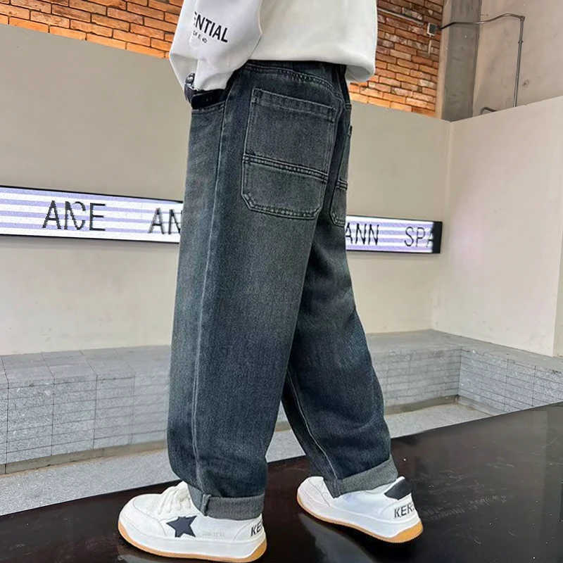 Winter-Jeans für Teenager-Jungen, Plüsch-Warm, 4-14 Jahre, Kinder-Mode, bestickte Buchstaben, Denim-Hose, Herbst, lässige, gerade geschnittene Sporthose – Detail 13