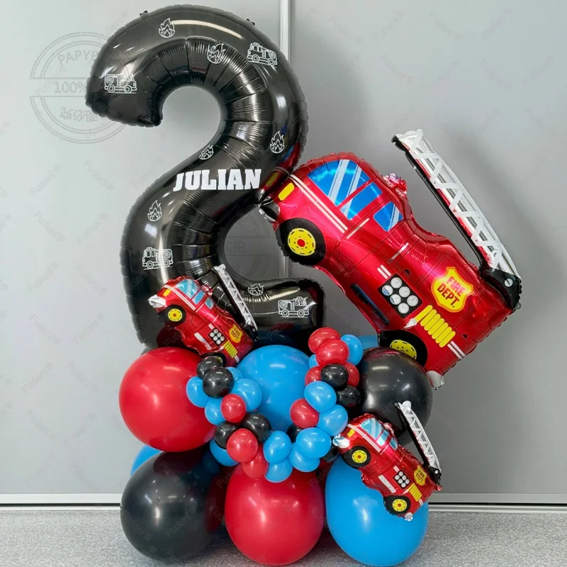 53 قطعة بالون شاحنة مطافئ 1-9 مجموعة رقمية سوداء أحمر أزرق أسود النار Globos للبنين أطفال رجال الاطفاء تحت عنوان حفلة عيد ميلاد الديكورات