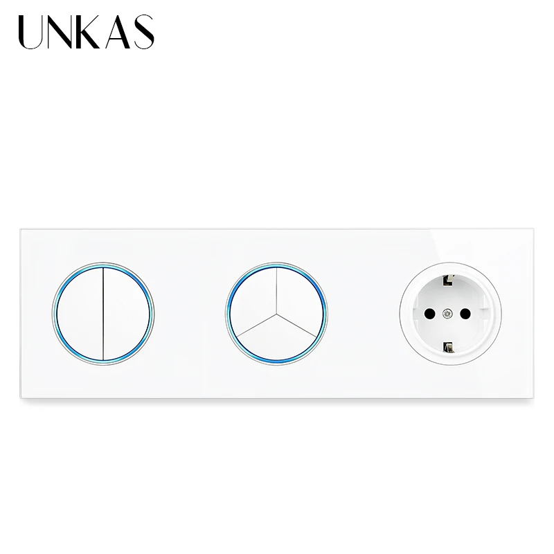 UNKAS White Tempered Glass Panel On / Off Wall Light Switch With Blue Large Aperture Backlight DIY Modules Free Combination