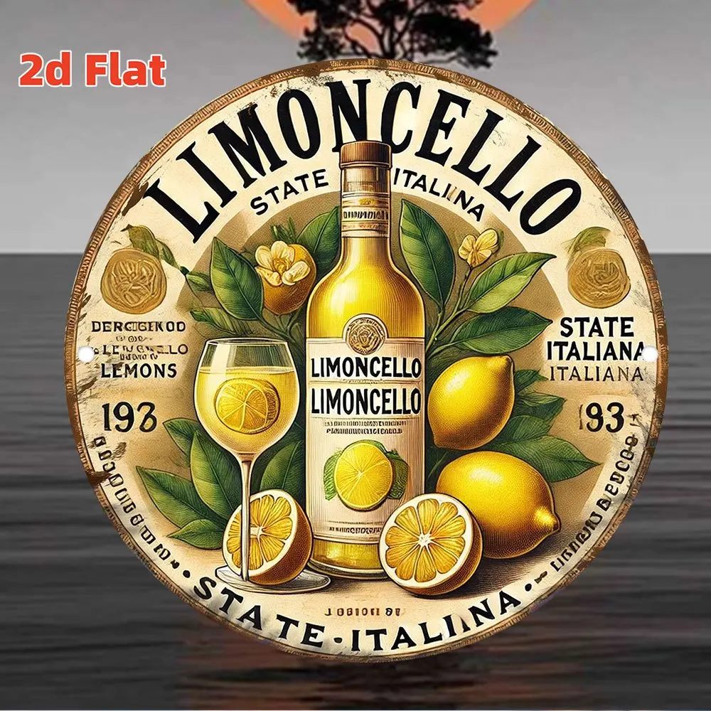 2D Flat, 1pc Italian Limoncello Metal Wall Art Sign - Vintage 2D Flat Aluminum Plaque with Lemon & Wine Design, Waterproof & Dus