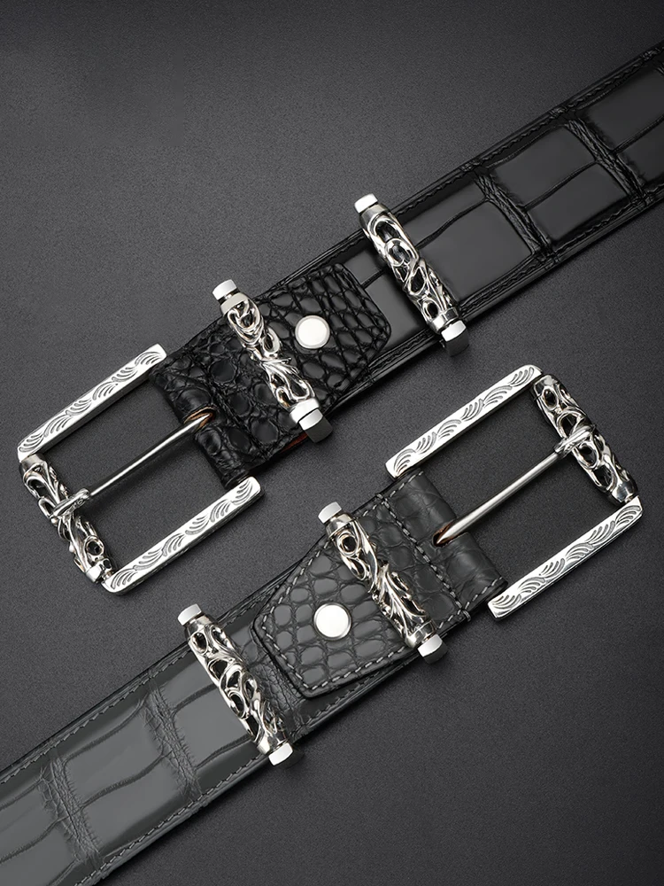 S925 sterling silver buckle waistband men's genuine leather imported high-end Nile crocodile luxury brand retro color wiping