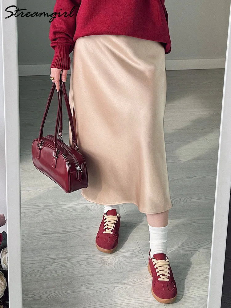 Streamgirl Office Black Midi Skirts For Women High Waist Elegant Silk Skirt Ladies Solid Women Satin Skirt With Slit On The Side