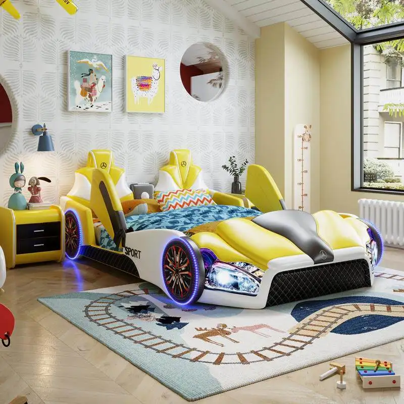 *Modern Kids Racing Car Bed with LED Light Wheels and Scissor Doors Luxury Upholstered Sports Car Bed for Boys Bedroom