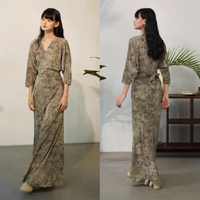 LUXURY Silk Dress with Forest Print Wrap and Tie, V-neck, Seven Quarter Sleeves, Waist Cinching, Slimming and Elegant Long Skirt