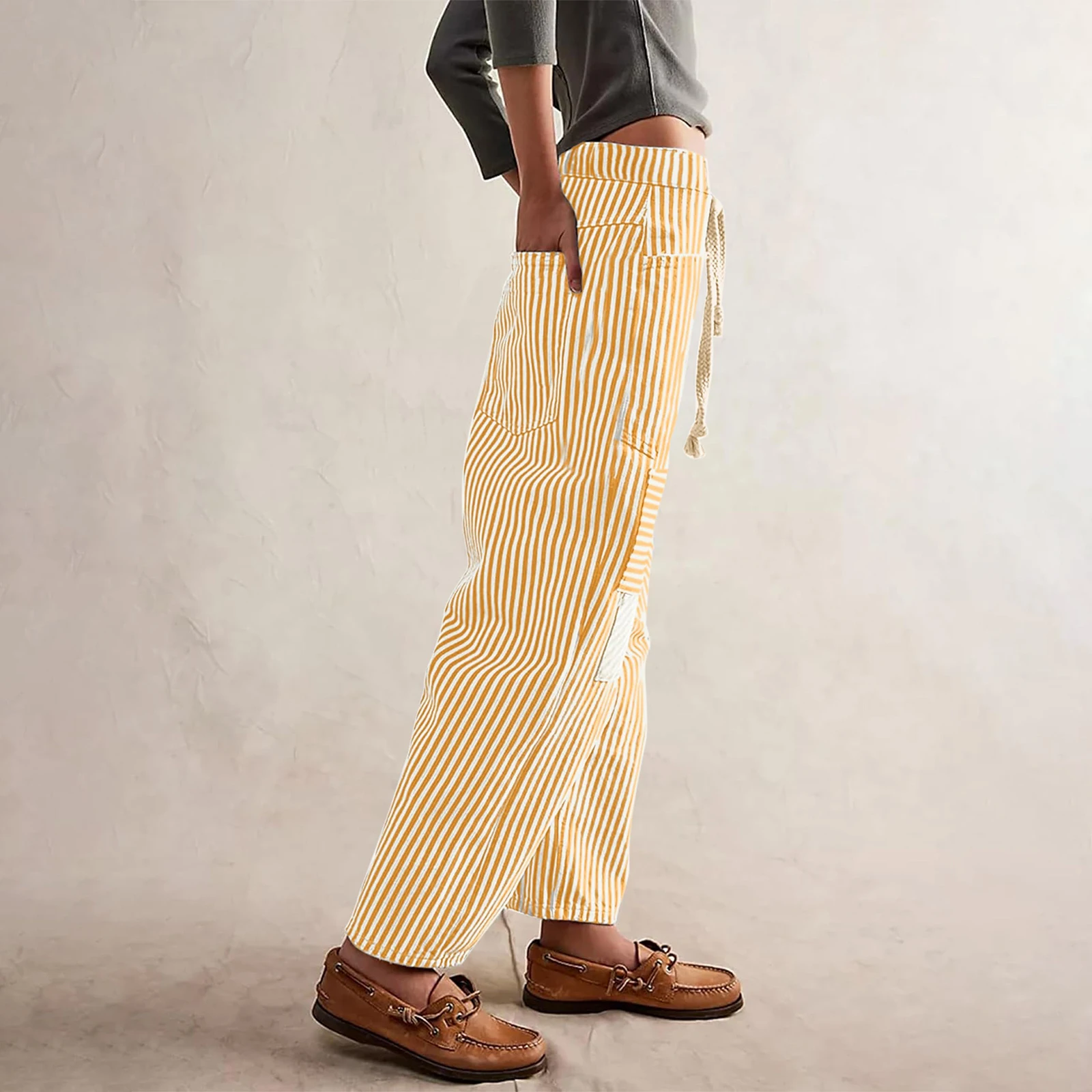 Combhasaki Pantaloni lunghi da donna casual a righe a contrasto di colore con coulisse in vita elastica Pantaloni larghi Harem a gamba larga con tasche