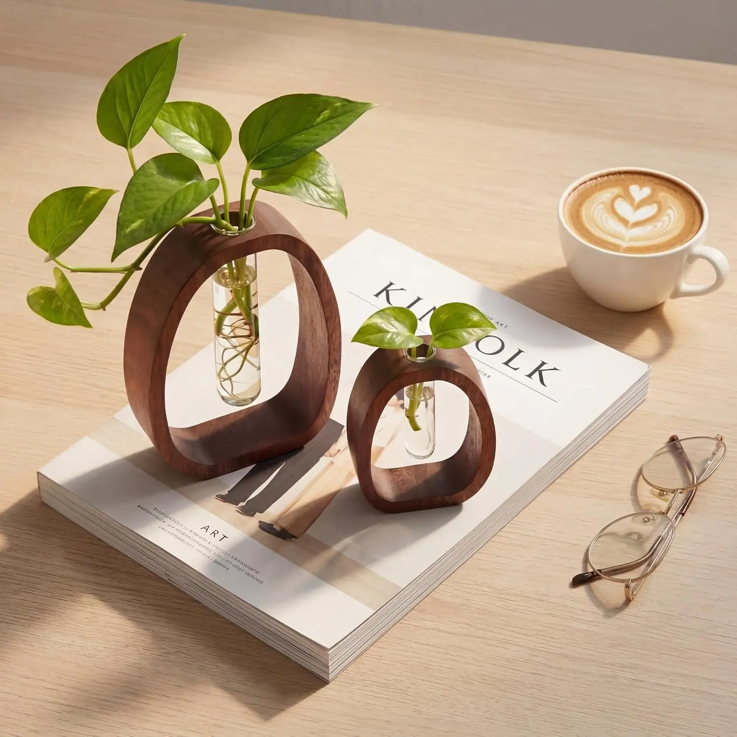 Walnut Wood Propagation Station Hydroponic Glass Test Tube Vase Artistic Simple Hydroponics Container for Plants Home Desk Decor
