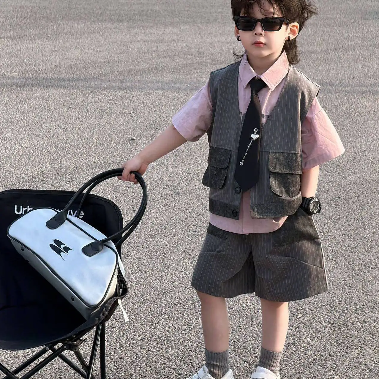 

Baby Boys Children Summer Kids Fashion casual Letter Thin Shirt +Stripe Shorts+Vest Tie 3Pcs Sets Streetwear Handsome Suits