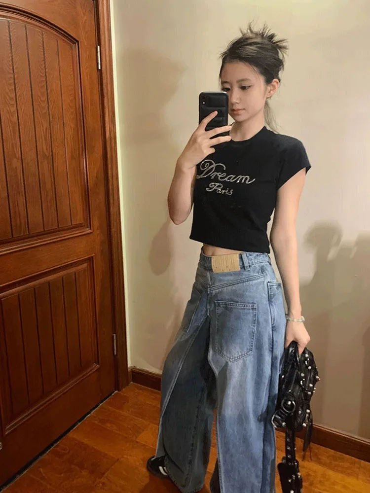 New Denim Blue Wide Leg Pants High Waist Fashion Blue Full Length Jeans 2000s Aesthetic Casual Trousers Split Hem Retro Trend