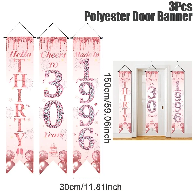 2D Flat 3Pcs Pink Gold 30th Birthday Door Banner Set, Balloon & Fishtail Design, Indoor Outdoor Home Party Hanging Decor - view 2