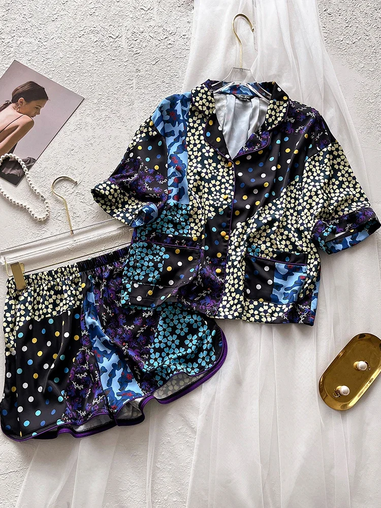 New Floral Pajamas Thin Printed Silk Set Short Sleeve Shorts Home Clothes
