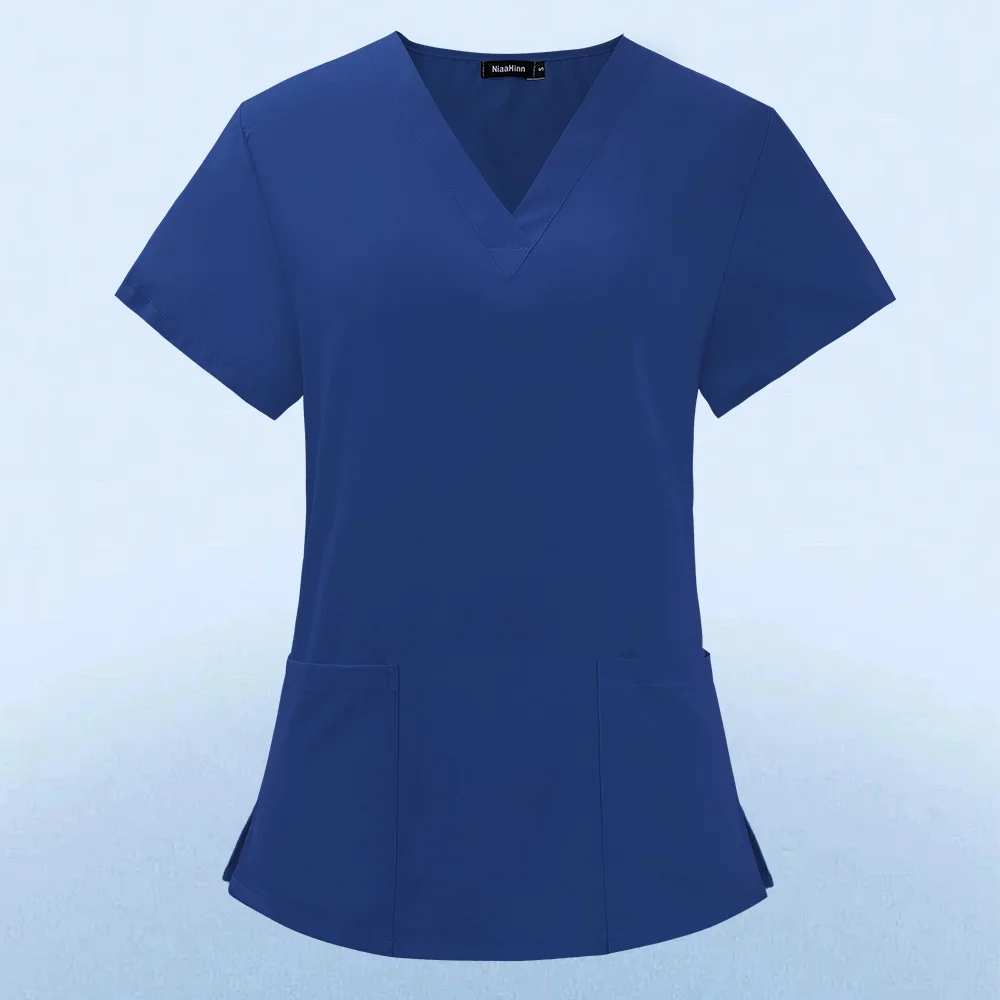 Nurse Uniform Clinic Blouse Summer Women's Short Sleeve V-neck Pocket Care Workers T-shirt Tops Summer Workwear Fsahion Tops