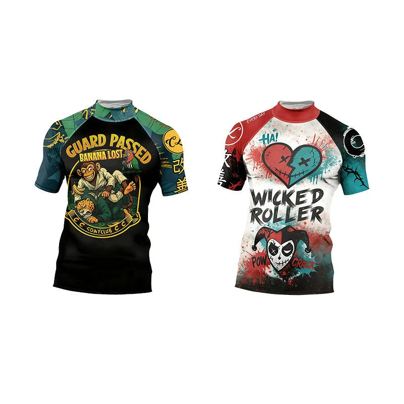 جديد جيو جيتسو Mma Rashguard Bjj تي شيرت الرجال ضغط التدريب قصيرة الأكمام تصارع قميص لا GI الملاكمة فنون الدفاع عن النفس ارتداء