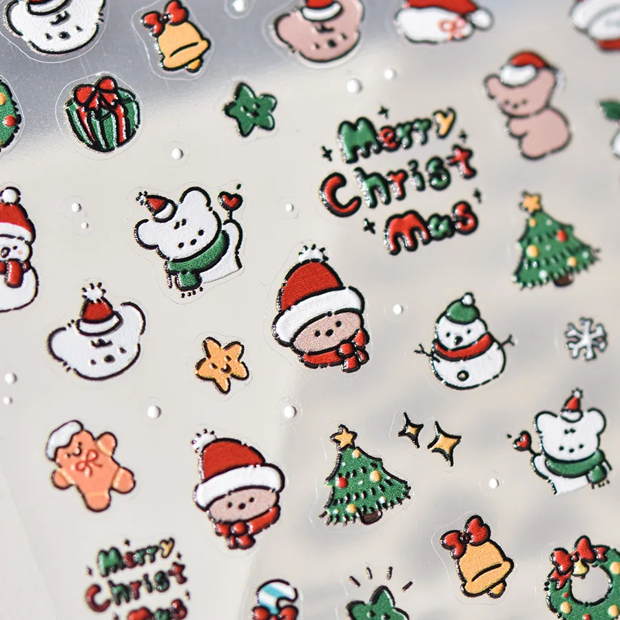 Nail Art Stickers Embossed Christmas Snowman Cute Hat Bell Bear Self Adhesive Film Decals Colorful Lightweight for Girls Kids