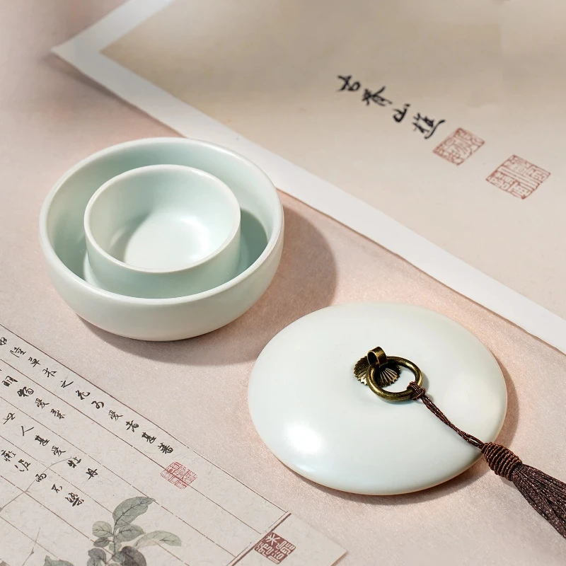 Ceramic Ink Stone with Lid Moisture Retention for Chinese Calligraphy Painting Students Practice Art Supply Study Decoration