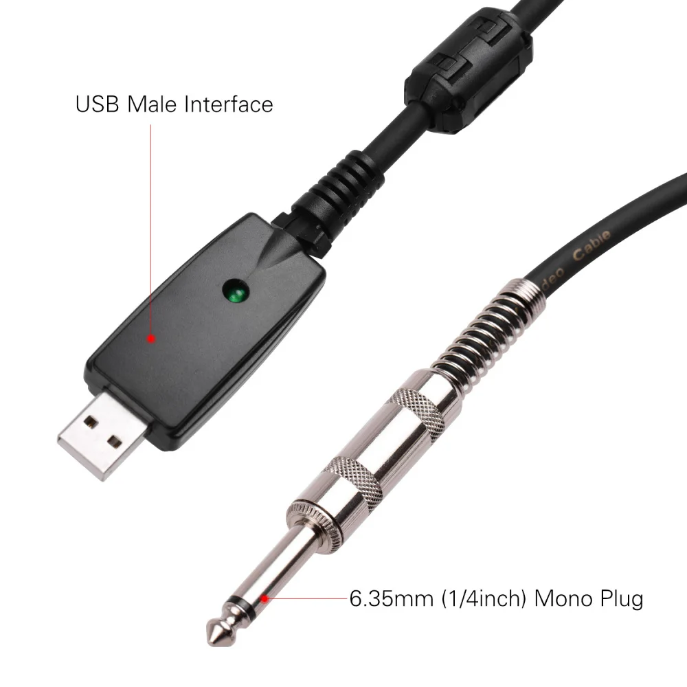 USB Guitar Audio Cable Mono Electric Guitar Cable USB Interface to 6.35mm Audio Plug Compatible with Windows and macOS PCs