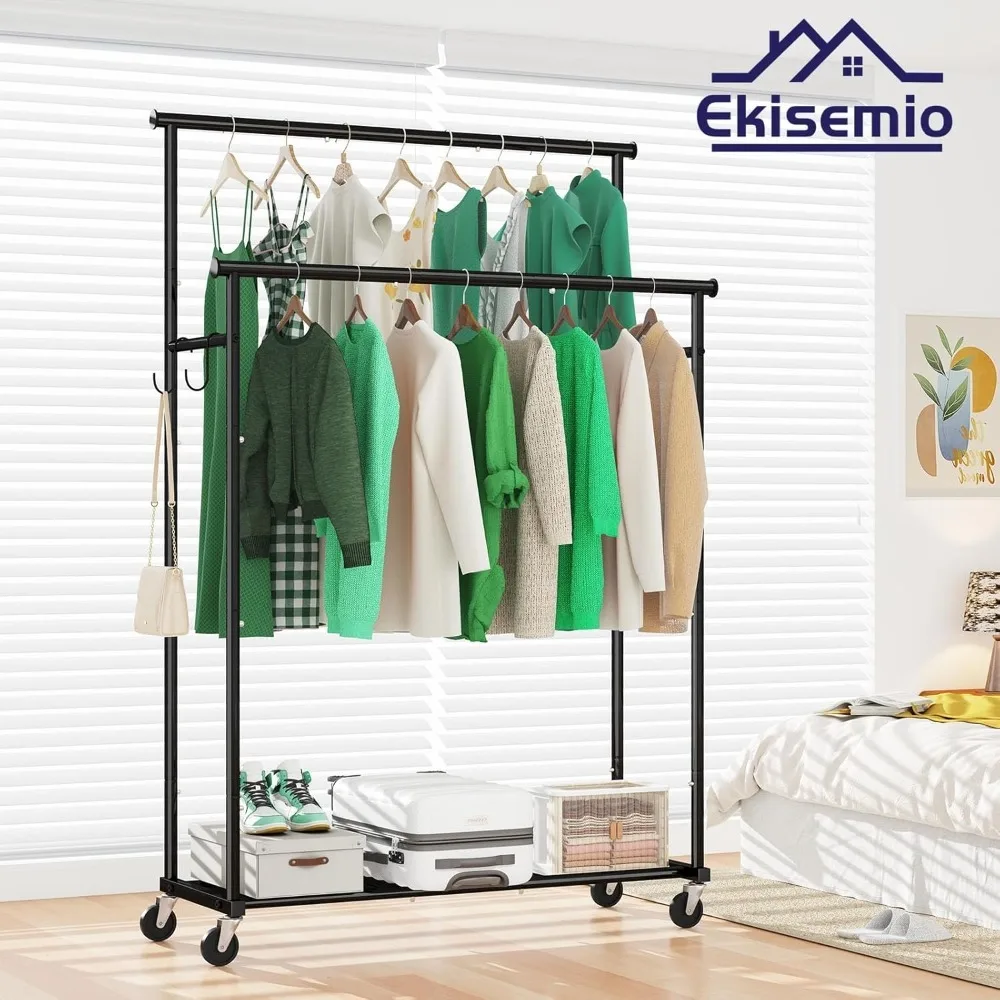 Double Rod Clothing Garment Rack on Wheels, 45 Inches Clothes Rack with Mesh Bottom Shelf for Hanging Clothes, Black Wardrobe