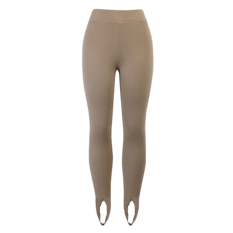 Mallas básicas de punto acanalado para mujer, pantalones de Yoga, algodón, Beige, cintura alta, Fitness, 1 unidad