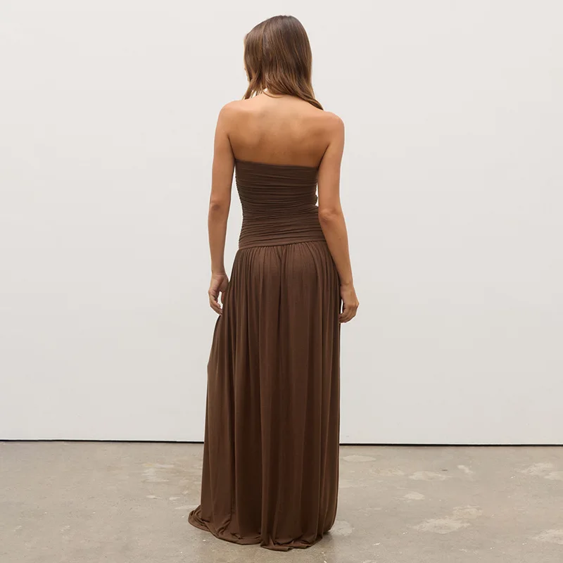 ชุดเดรสฤดูร้อนแบบไม่มีสายคล้องไหล่ แขนกุด ทรงหลวม สไตล์ลำลอง ชายหาด โบฮีเมียน แม็กซี่เดรส ยาว หรูหรา เซ็กซี่ ชุดราตรี