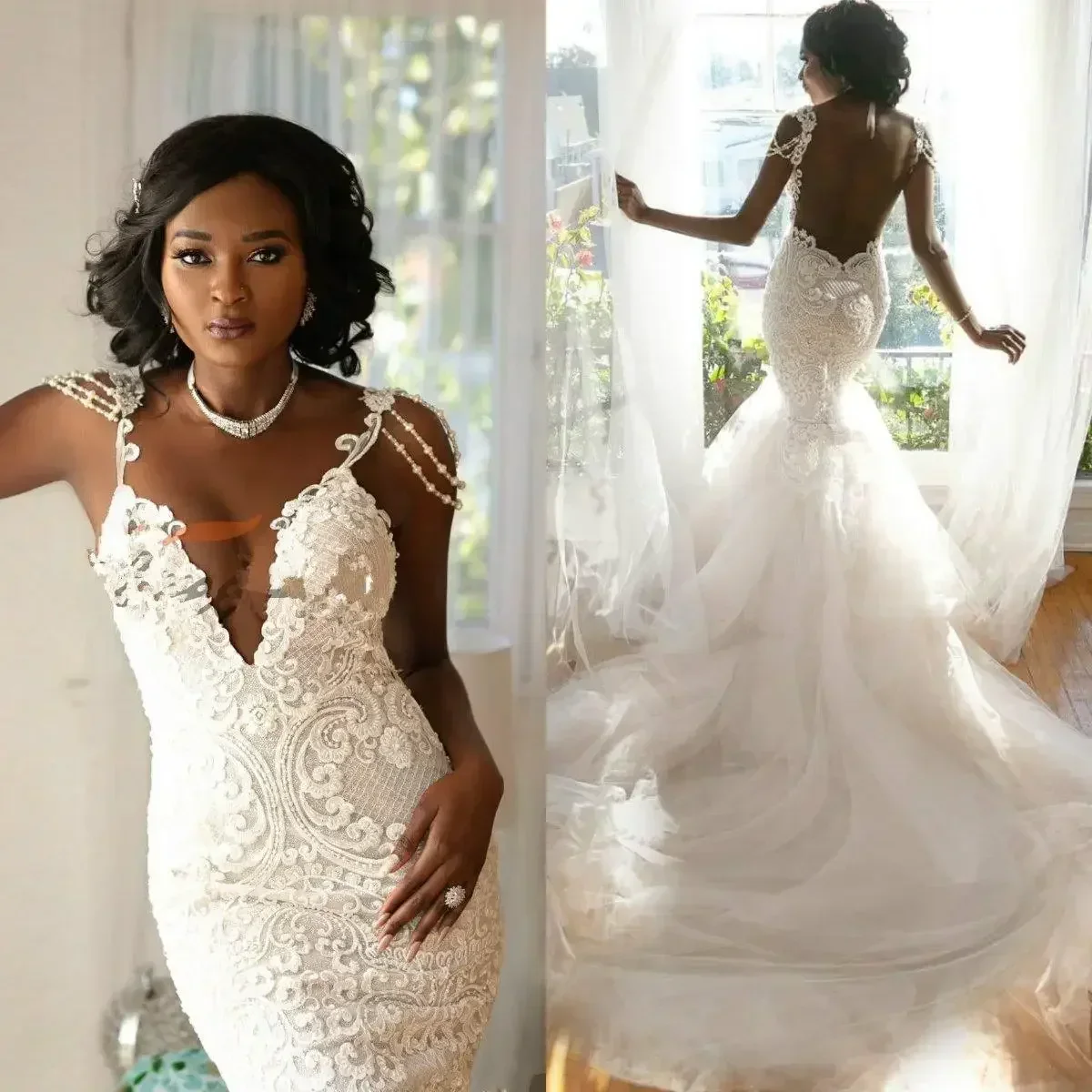 

Customized Black Girls Mermaid Wedding Dresses Lace Appliques Spaghetti Straps Bridal Gowns Backless African