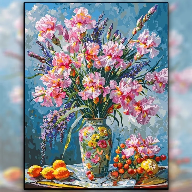

Simple Handmade Cross Stitch Kit Living Room Iris Flower Vase Diamond Sticker Easy to Use for Beginners High End Embroidery