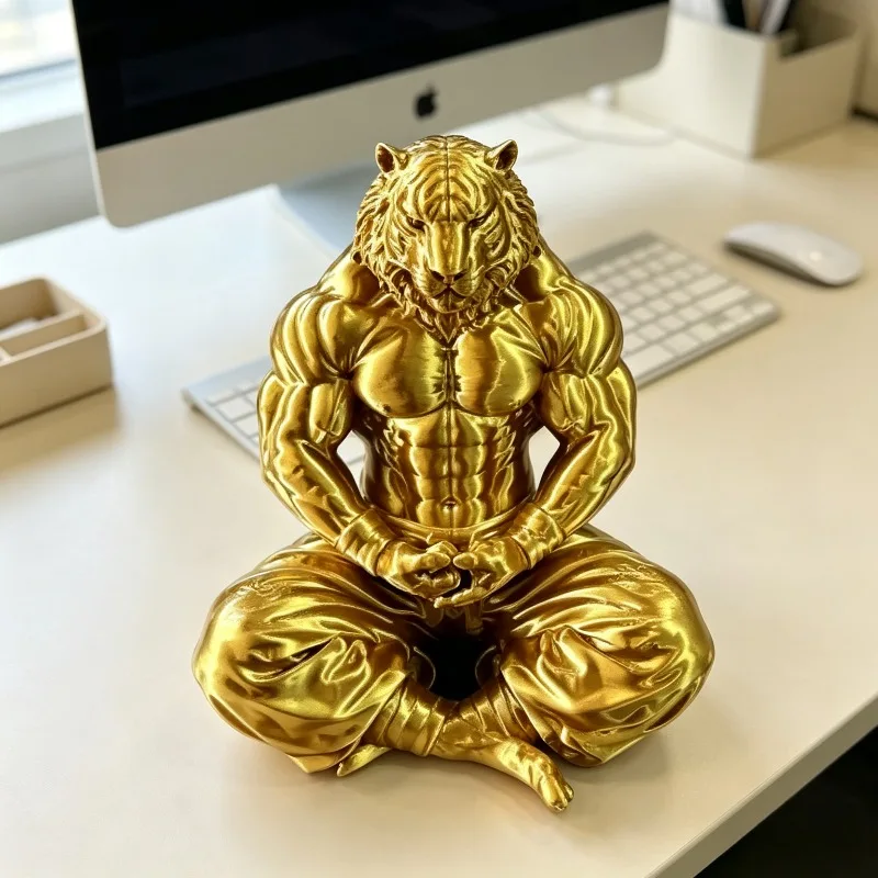 3D Printed Tiger Figurine | Golden Meditating Muscle Tiger Statue | Desk & Home Decor